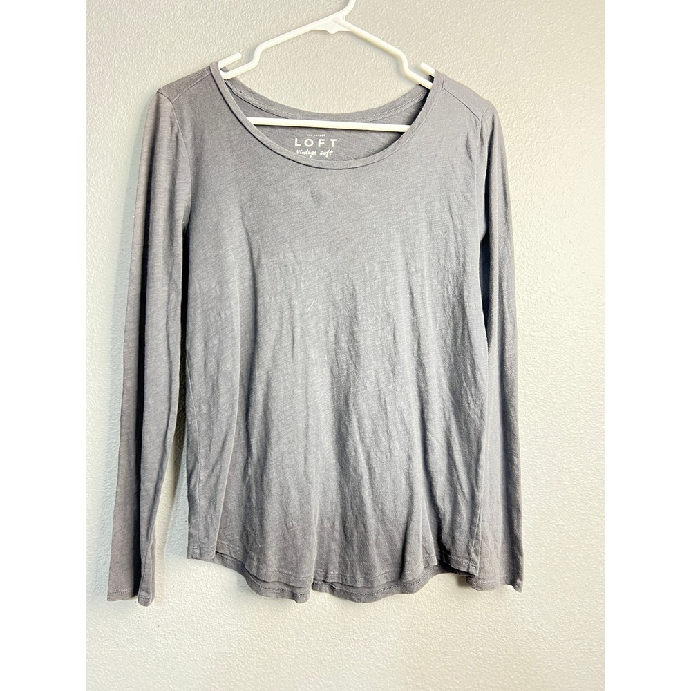LOFT Vintage Soft Gray Long Sleeve Scoop Neck Cotton Slub Tee Shirt Womens Small